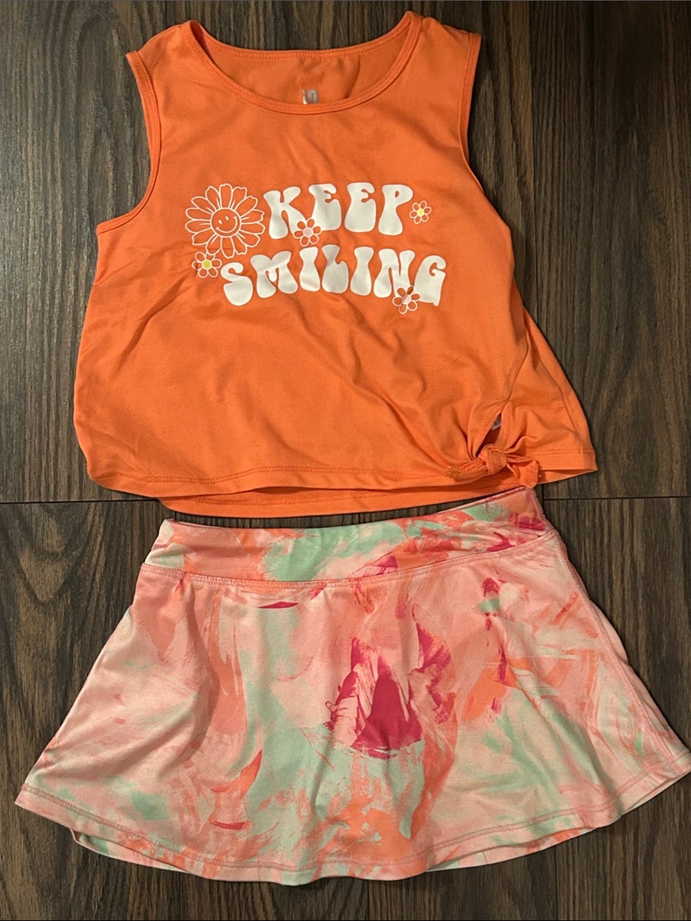 Ideology Orange "Keep Smiling" Tank with Pink/Coral Tie-Dye Skirt